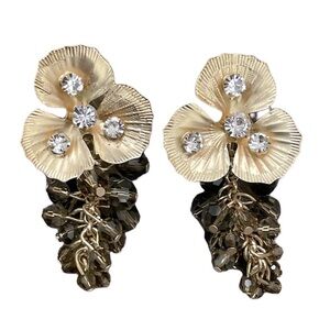 Anthro Statement Earrings Winter Romance Flower Dangle Gold Brown Crystal